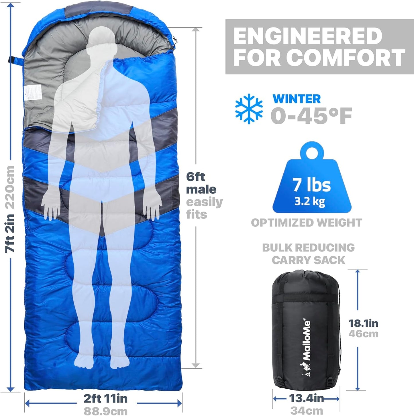 MalloMe Adult Sleeping Bag for Cold and Warm Weather, Hiking Sleep Essentials