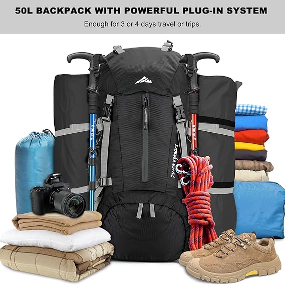 Loowoko 50L Hiking Backpack, Waterproof Camping Essential Bag, 45+5L Lightweight Backpack