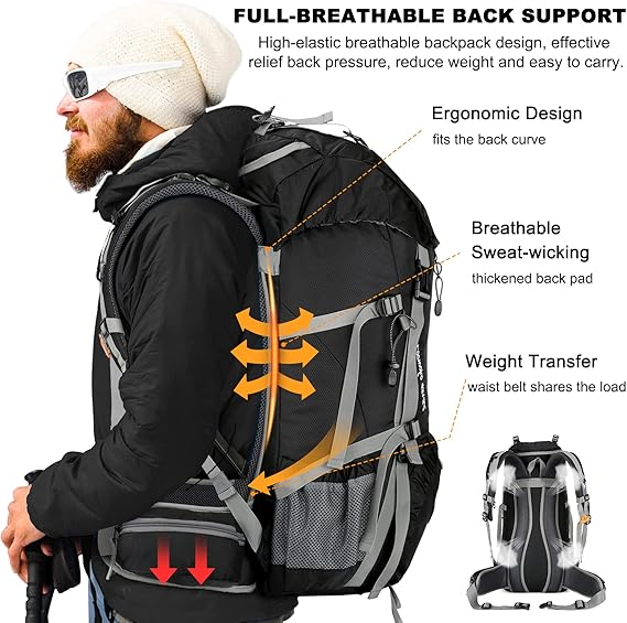 Loowoko 50L Hiking Backpack, Waterproof Camping Essential Bag, 45+5L Lightweight Backpack